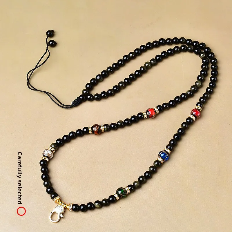 Chinese Style Lucky Gold Sheen Obsidian Beaded Necklace 6mm Beads Adjustable Quick Release Clasp For Thangka Amulet Buddha Penda view 2