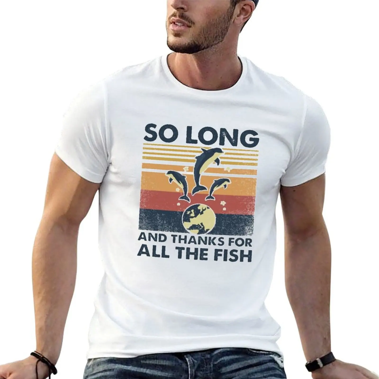 T-shirt « SO LONG AND THANKS FOR ALL THE FISH » pour homme, en coton, humoristique, t-shirts pour hommes, t-shirt homme en coton