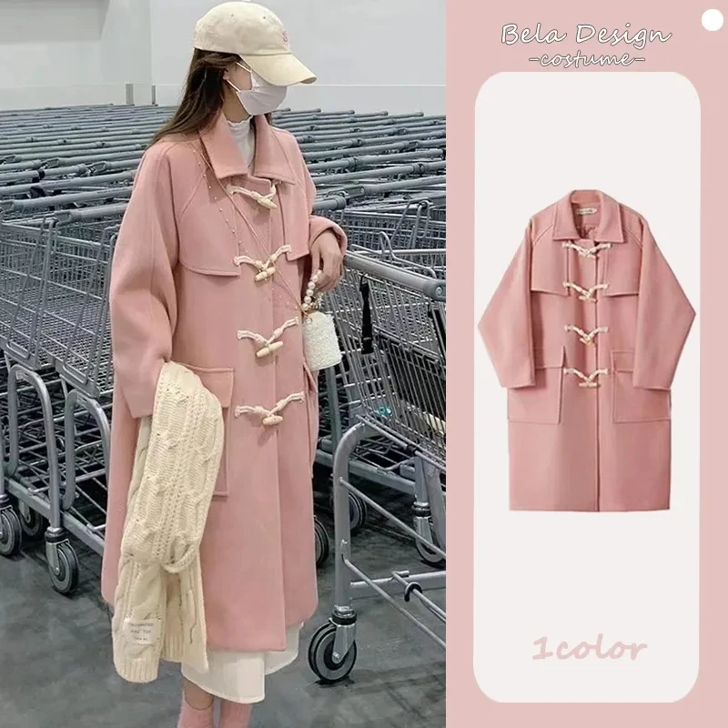 

2023 New Autumn Winter Sweet Pink Style Woolen Coats Female Horn Long Sleeve Pockets Casual Long Coats Lady Korean Outwears