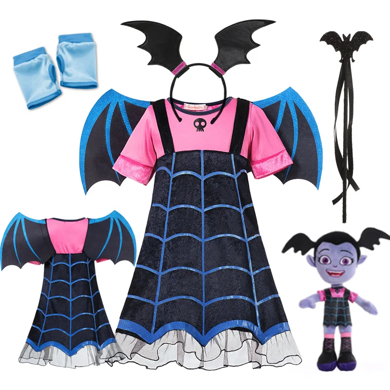 Halloween Vampire Disguise Costumes for Girls Dress Up Party Junior Vampirina Dress with Wings Gloves Kids Devil Bat Clothes