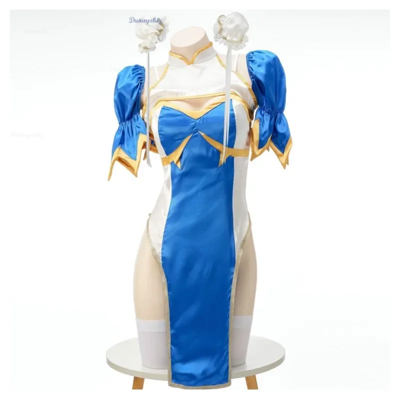 Elastic Li cosplay dress game SF Chuli role play blue qipao costume full set Cy kung fu Halloween party suit for Fu #1 # W