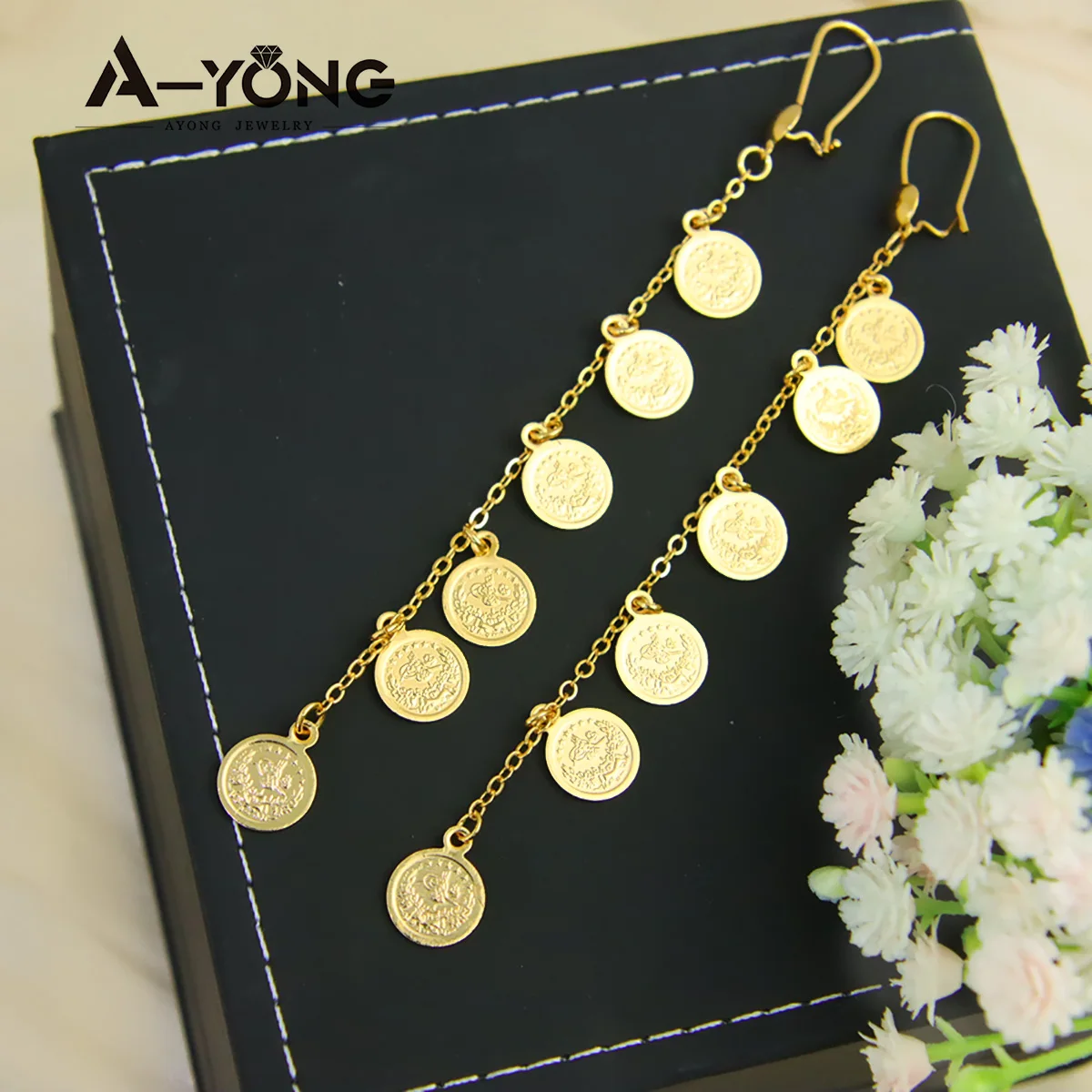 

Turkish Gold Coins Dangles Earrings 18k Gold Plated Arabic Design Drop Earring Dubai Islamic Women Fashion Jewelry Gifts