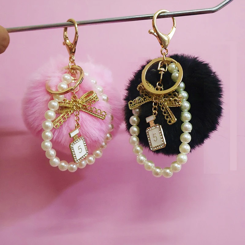 Fashion Pompom Keychain Number 5 Faux Fluffy Crystal Bottle Bow Pearl Chain Women handBag Car Key Chain Ring Keychains Jewelry