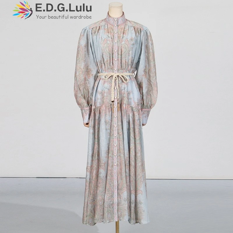 EDGLuLu Vacation Outfits Women 2024 Stand Collar Single Breasted Retro Floral Long Dress+Strap Dress Suit Two Piece Set 1220