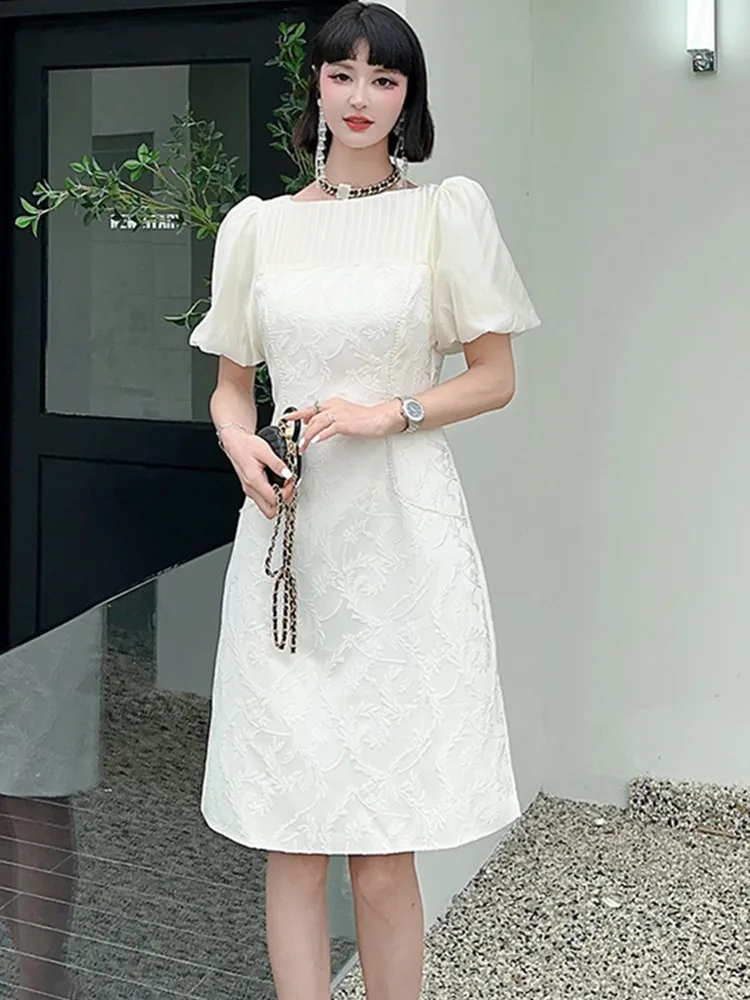 SMTHMA French Light Luxury Beaded Jacquard Summer Dress For Women Vintage Runway Style Elegant Chic Dress Female Clothing