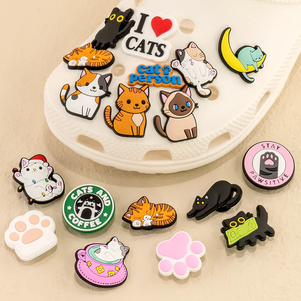 1pcs PVC Cats Shoe Charms Cute Animal Shoe Decorations Pins for Women Girls Kids Sandal Clog Buckles Black Cat Accessories Gifts