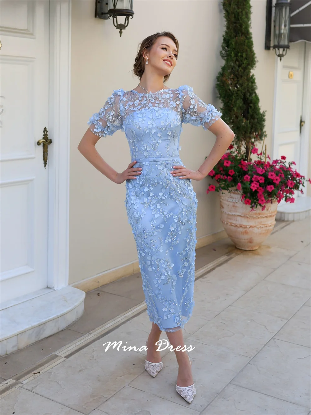 Mina Pleated 3D Decals Prom Dresses Luxury Party Dress Beads Luxurious Women's Evening Dresses Women Elegant Short Sleeve Woman