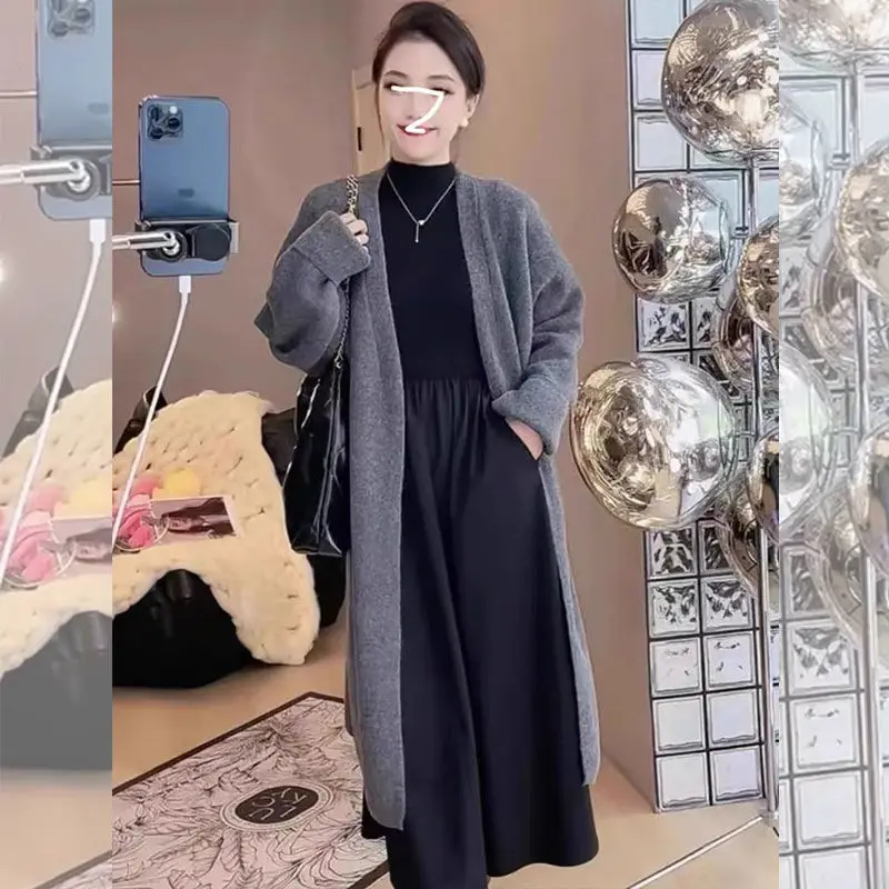 Deep Autumn and Winter Plus Size Women\'s Black Dress Lazy Style Long Cardigan Sweater Dress Two-piece Set New in Matching Sets