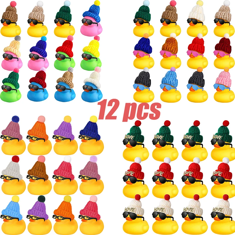 

12 Set Mini Rubber Ducks with Hat Sunglasses, Yellow Mini Rubber Duck in Bulk Tiny Duck Bath Rubber Duck for Car Dashboard Decor