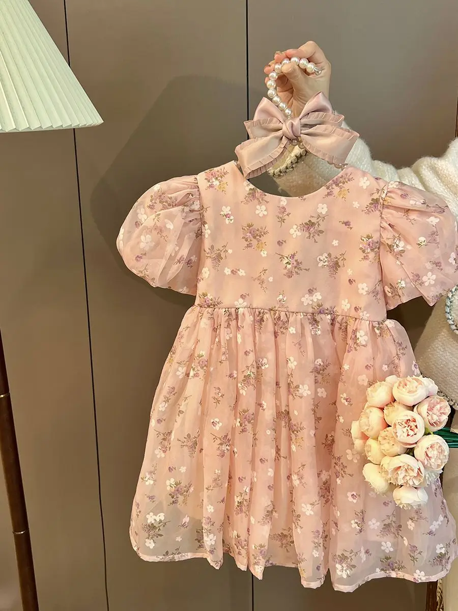 Girls Puff Sleeve Princess Dress Children Summer 2024 New Sweet Lovely Floral Print Bow O-neck Light Soft Comfort Kids Clothes