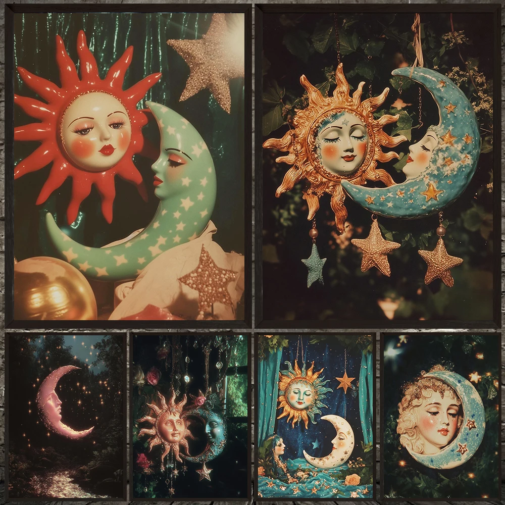 Boho Caravan Sun And Crescent Moon Poster Print,Whimsical Celestial Magical Wall Art Canvas Painting,90s Whimsical Gothic Decor