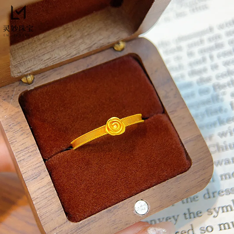 

24K real gold 999 retro little prince rose ring golden flower index finger ring adjustable fashion gift for girlfriend