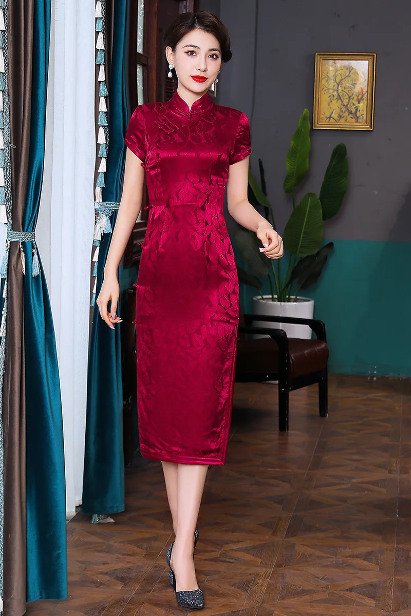 New Festive Jacquard High Quality Real Silk Cheongsam Qipao Women's Dress Improved Banquet Fashion Mid-Length Short Sleeve Robe