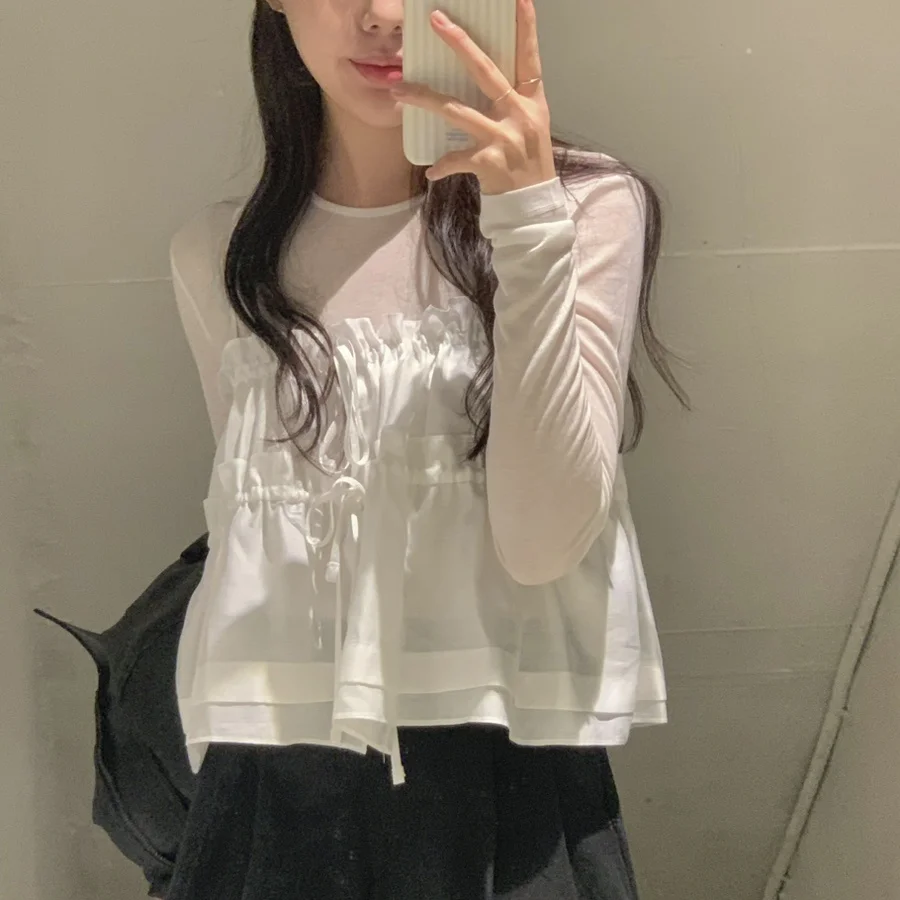 

SuperAen Korean Style Sweet Lace Bow Strap Camisole Spring New Design Fashion Loose Waist Short Slight Strech Tops