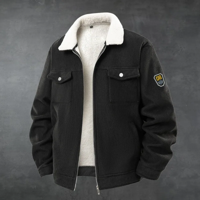 Lapel Pocket Work Jacket Velvet Thickened Autumn and Winter Coat Men's Zipper Cardigan Top
