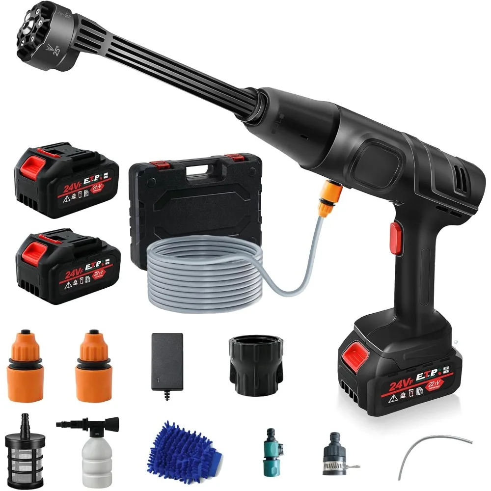 

Аккумуляторная мойка высокого давления 652PSI — 2 × 15000 мАч, насадка 6-в-1 и шланг длиной 6 м, 3 источники воды (кап/ведро/бутылка), с стопорным клапаном, краном