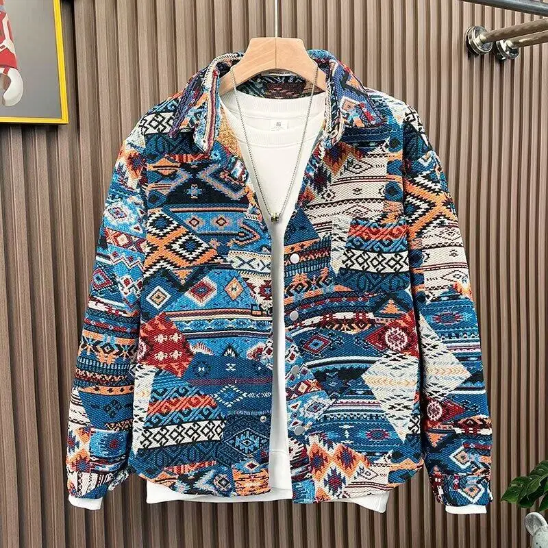 2026 spring men Single Breasted Trendy Brand Casual shirts Men's Loose Retro printing shirt  youth Street Style Printed Coat