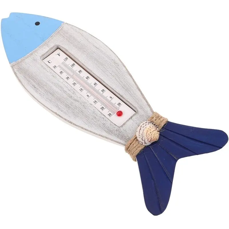 B23B Fish-Shaped Nautical-Style Wooden Wall Thermometer Indoor/Outdoor For Home Decoration