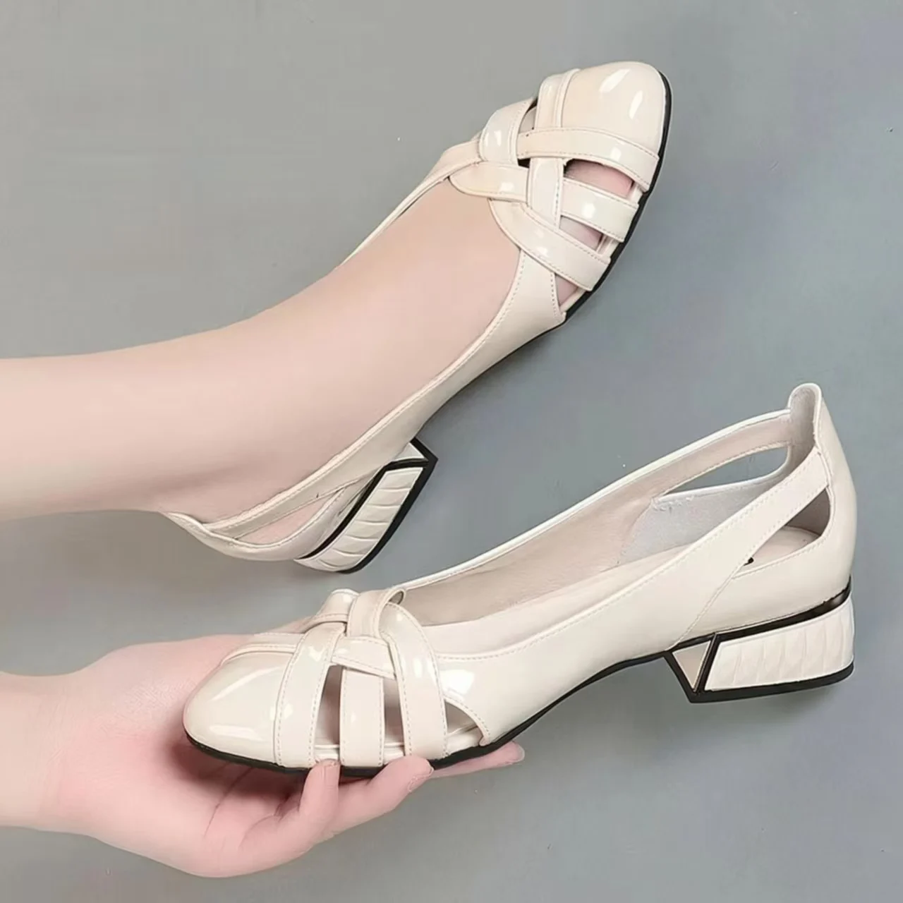 2026 New Women Real Leather Closed Toe Low Heel Sandals Summer Soft sole Round Toe Hollow Out Shallow Slip On Big Size Sandals