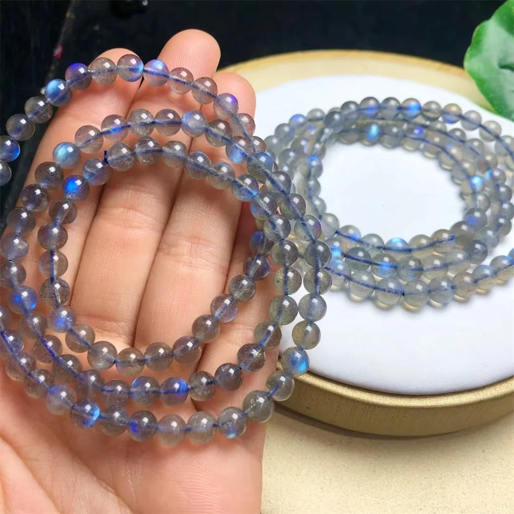 6MM Natural Blue Gray Moonstone Triple Circle Bracelet Women Beautiful Colorful Crystal Energy Healing Fashion Gemstone Jewelry