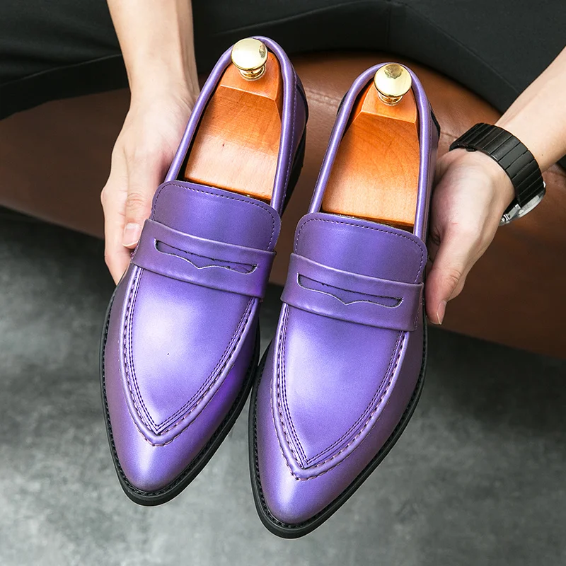 

Elegant Purple Leather Men Casual Shoes Flat Pointed Penny Loafers Men Formal Shoes Luxury Prom Dress Shoes Man Wedding Footwear