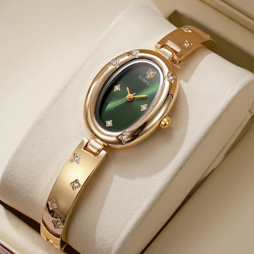 Women Watch Luxury Gold Oval Dial Bracelet Watches Rhinestone Star Decor Ladies Wristwatch Elegant Female Clock Gift