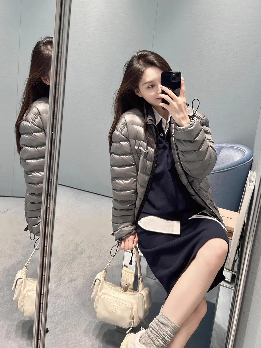 Lotton High-Defn Autumn Winter New Sle Embroidered Letter Logo Zipper Bright Surface down Jaet Stand Collar Women