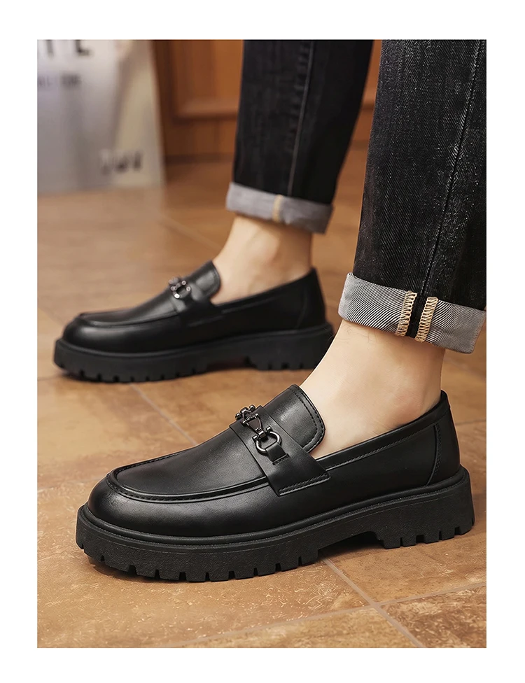Herren-Loafer mit dicker Sohle, Metallschnalle, Slip-On-Lederschuhe, rutschfeste Plateau-Freizeitschuhe für Büro, Alltag und Party – Detail 13