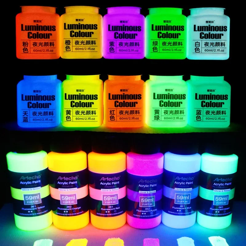 58ml Luminescent Acrylic Paint Orange Red Yellow Blue Green Purple Super Bright DIY Ceramic Glass  Fabric  16 Colors