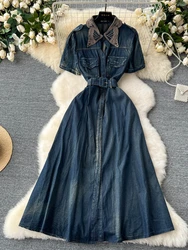 Women Elegant Vintage Denim A-line Sexy Party Vacation Robe Summer Polo Neck Short Sleeve High Waist Slim Lace Shirt Dresses