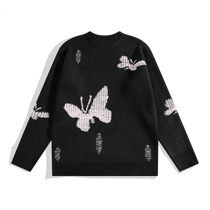 Abfer Sweater Men\'s Winter Autumn Knit Butterfly Pullover High Street Jersey Knitted Harajuku Jumpers Vintage Frayed Sweaters