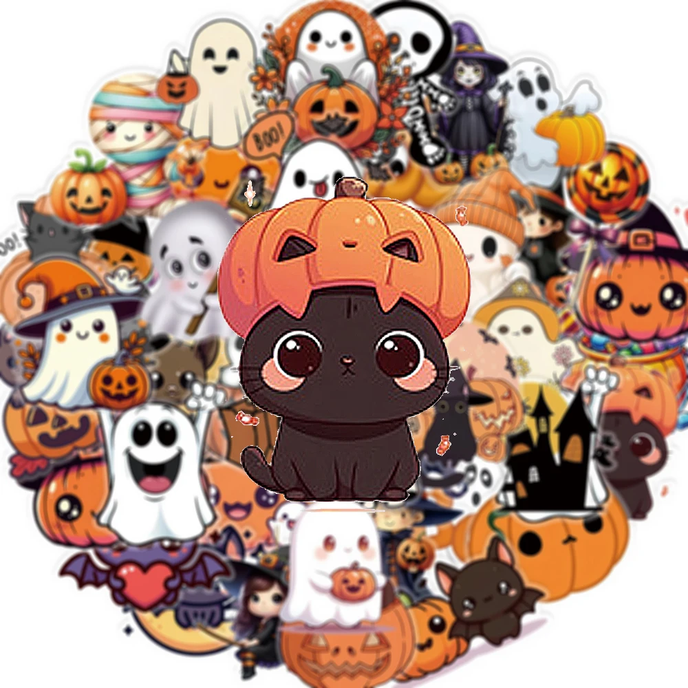 10/30/50pcs Transparent Halloween Stickers Cute Black Cat Pumpkin Ghost Cartoon Sticker DIY Motorcycle Laptop Decoration Sticker