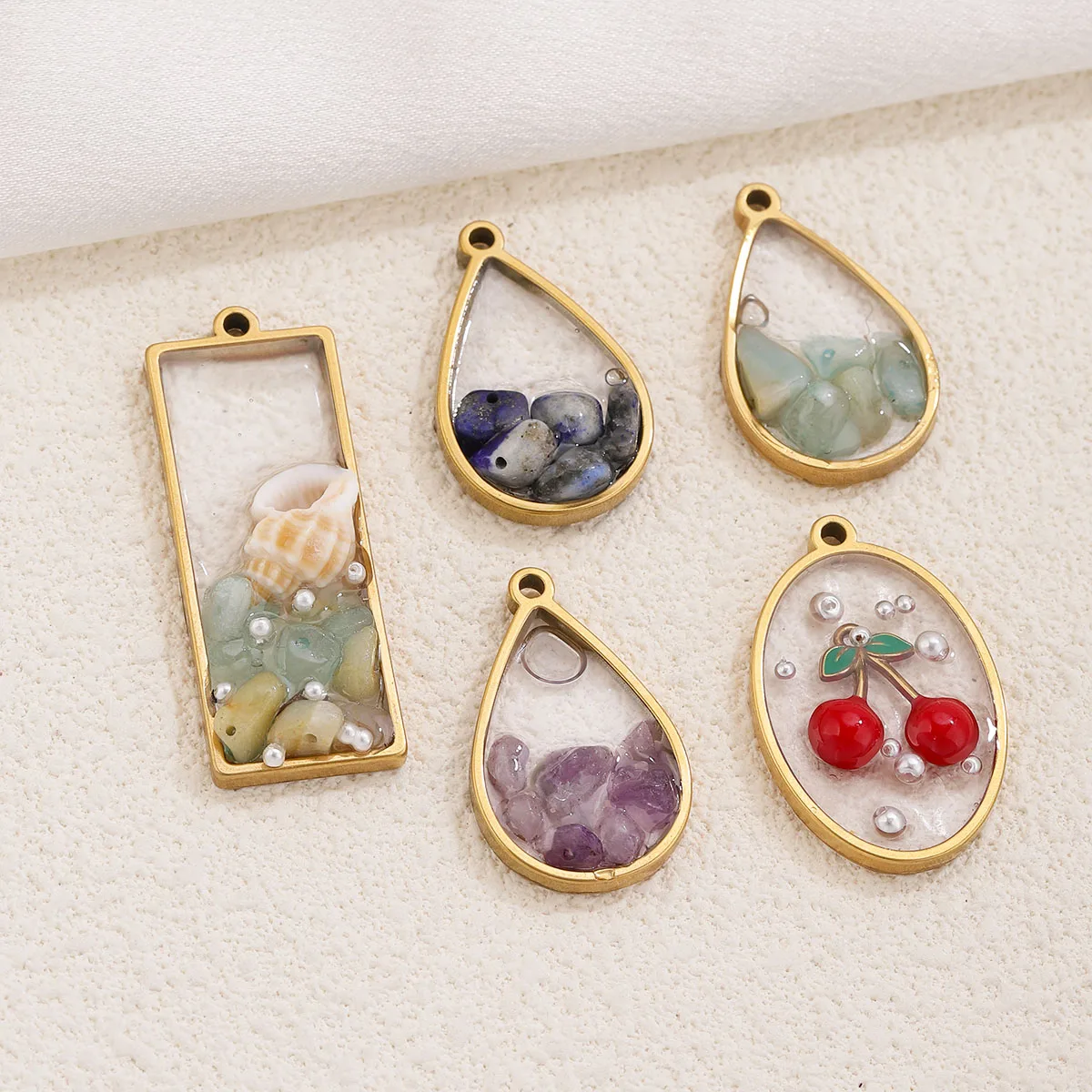 Vintage Enamel Charm Pendant Stainless Steel Gold Natural Stone Pearl Cherry Shell DIY Necklace Jewelry Making Finding Wholesale
