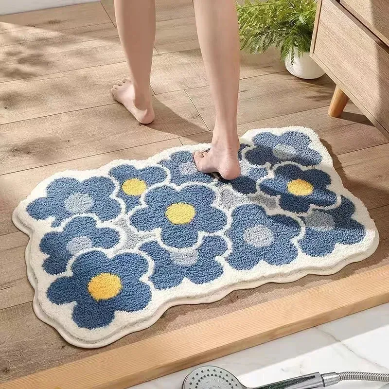 VIKAMA Small Fresh Flowers Imitation Cashmere Carpet, Non-Slip Absorbent Toilet Mat, Living Room Door Mat, Non-Slip Foot Mat