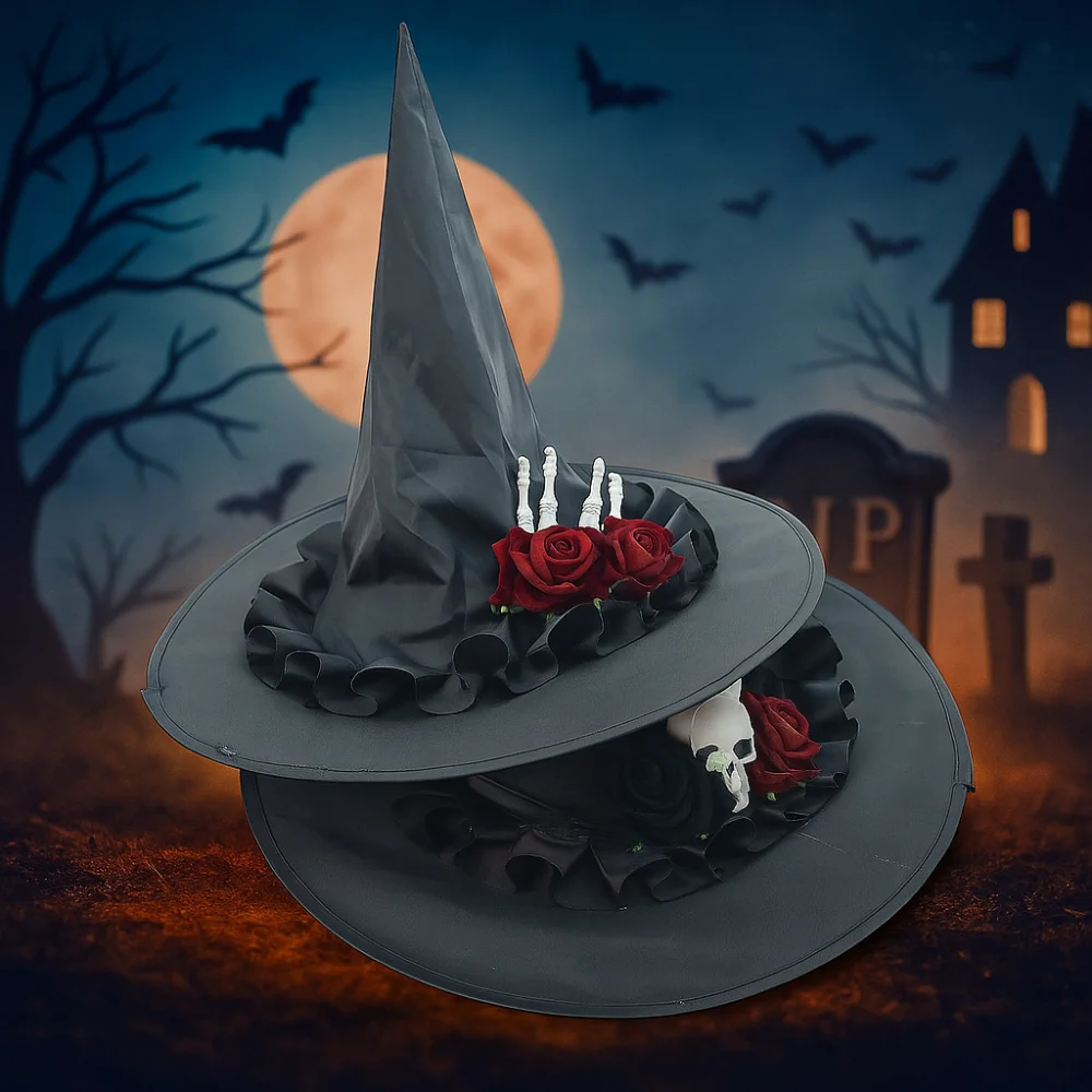 

Складной скелет, рука, череп, кепка волшебника, цветок, черные шляпы ведьмы на Хэллоуин, украшение, Оксфордская шляпа ведьмы, реквизит для выступлений