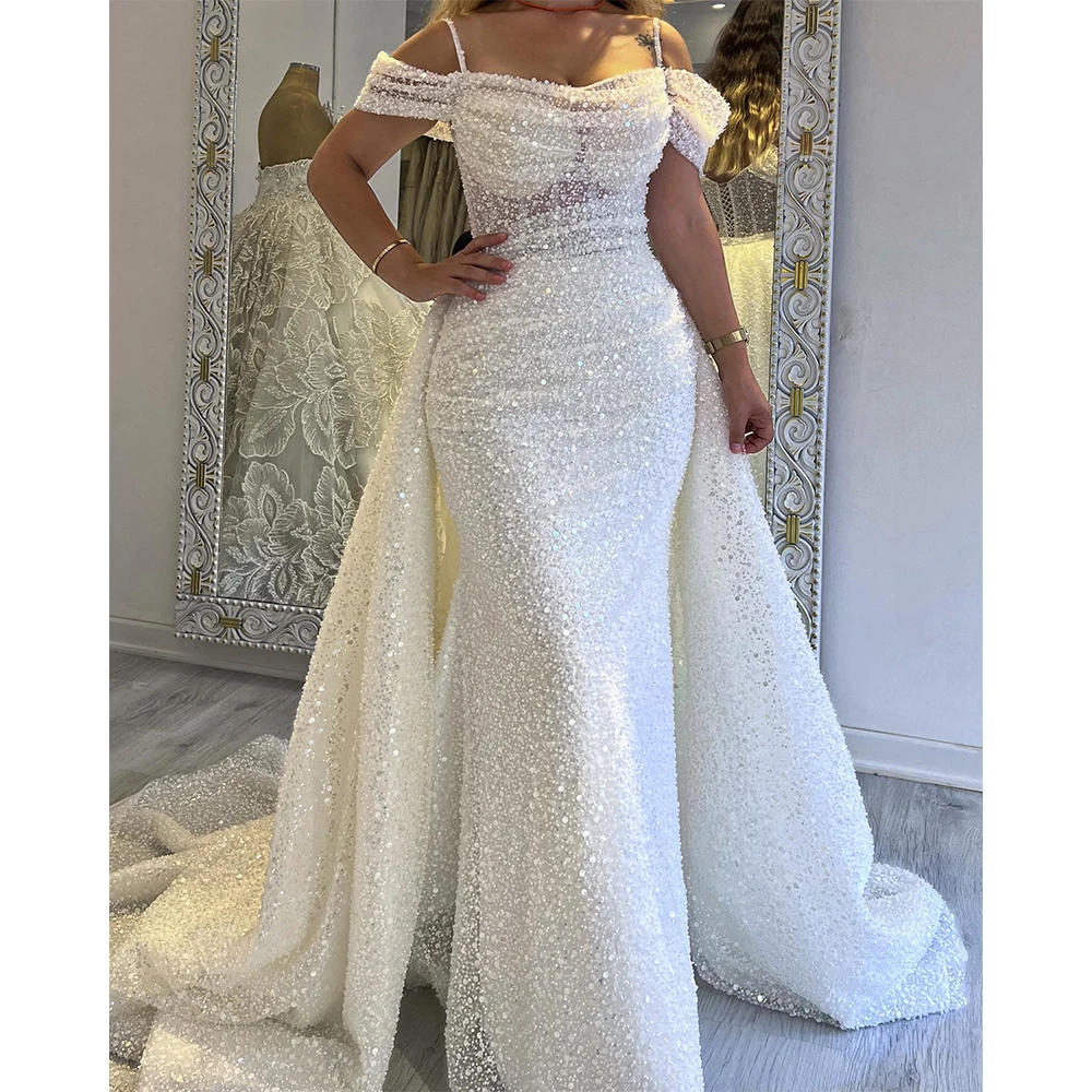 Luxurly Wedding Dresses Detachable Train Bridal Dress Off Shoulder Glitter Beaded Mermaid Wedding Gown Party Dress Customized