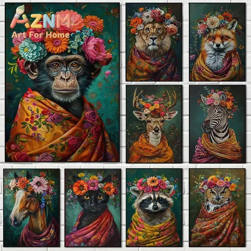 1pc frameless Canvas Painting  Vintage Maximalist Floral Wild Animal Canvas Painting Lion Owl Peacock Wolf Flower Poster Print W