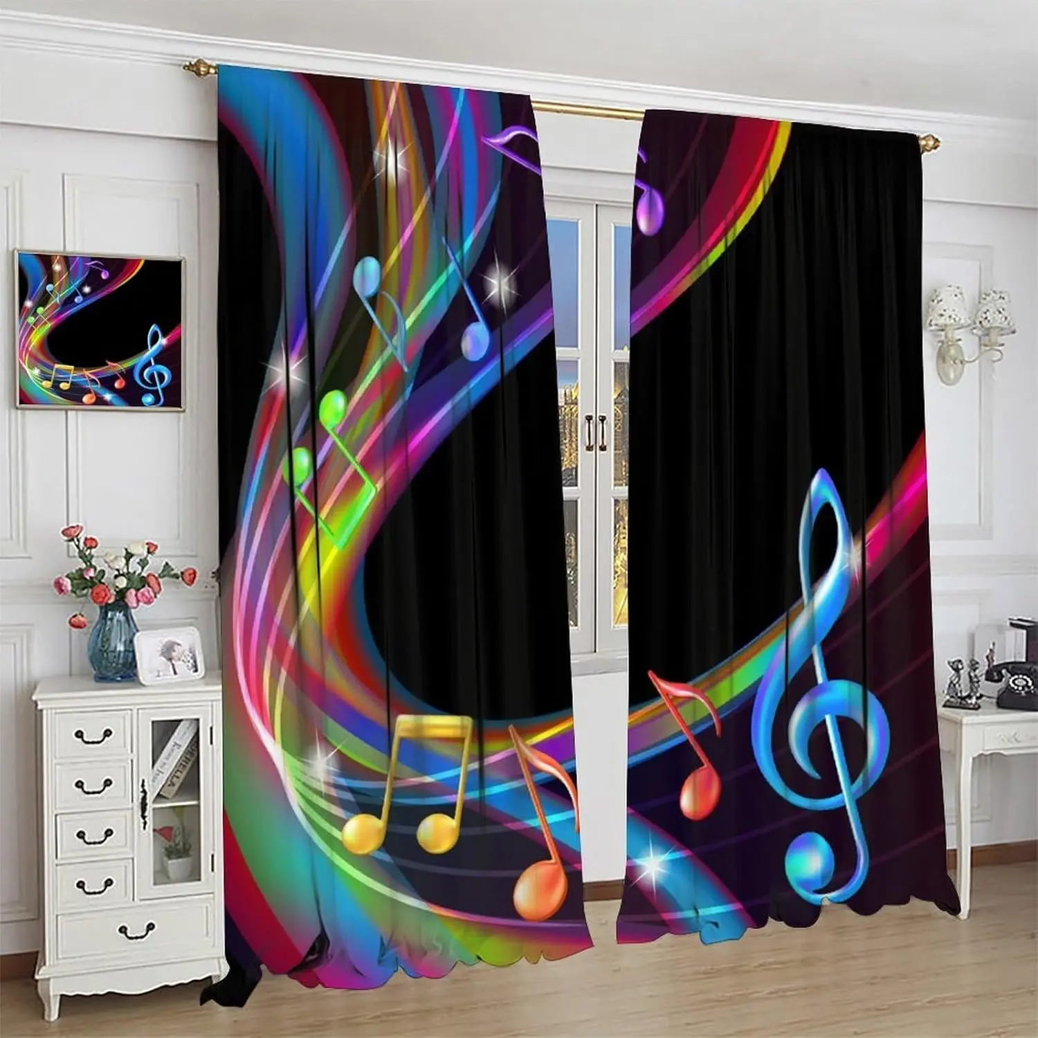 Color Music Curtains Cool 3D Romantic Colorful Musical Note Art Windows Treatments Rod Pocket Drapes for Kids Boys Girls Living