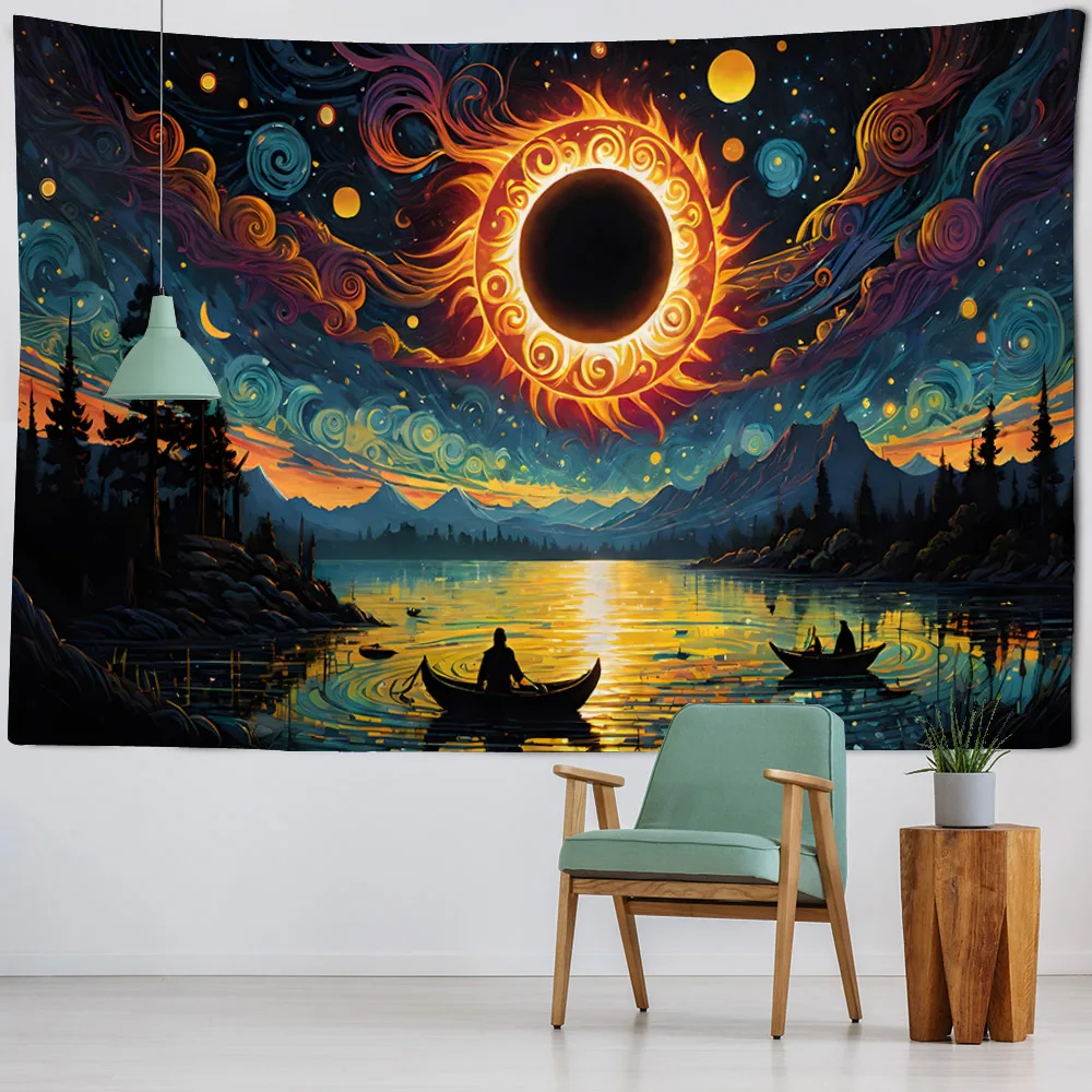 Wave pirate ship tapestry, ocean oil painting, wall hanging, dreamy landscape, starry sky, home decoration, room hanging cloth