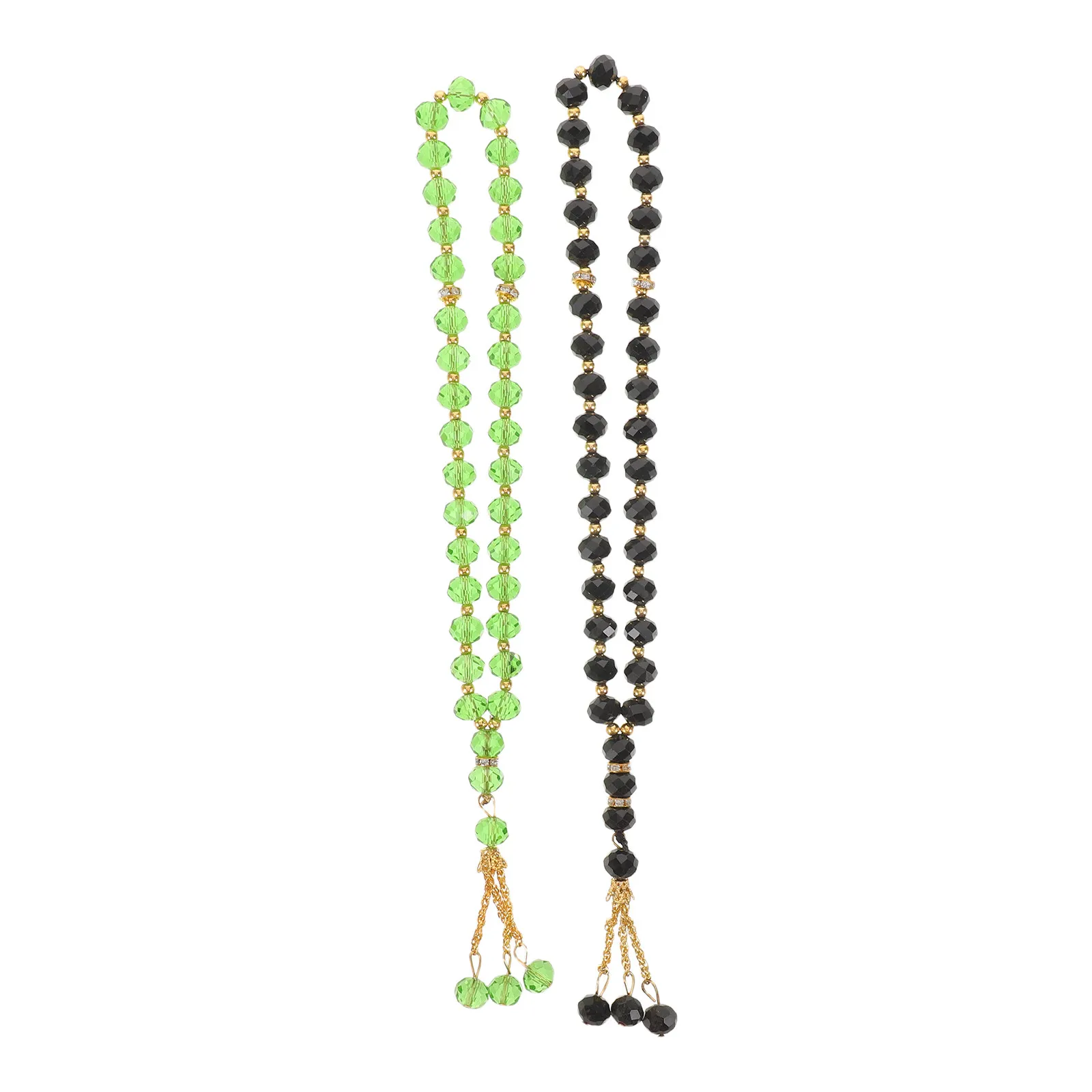 

2Pcs Islamic Prayer Beads Crystal Glass Tasbih Sibha 33 Beads Necklace Bracelet Black Green Muslim Rosary Daily Worship