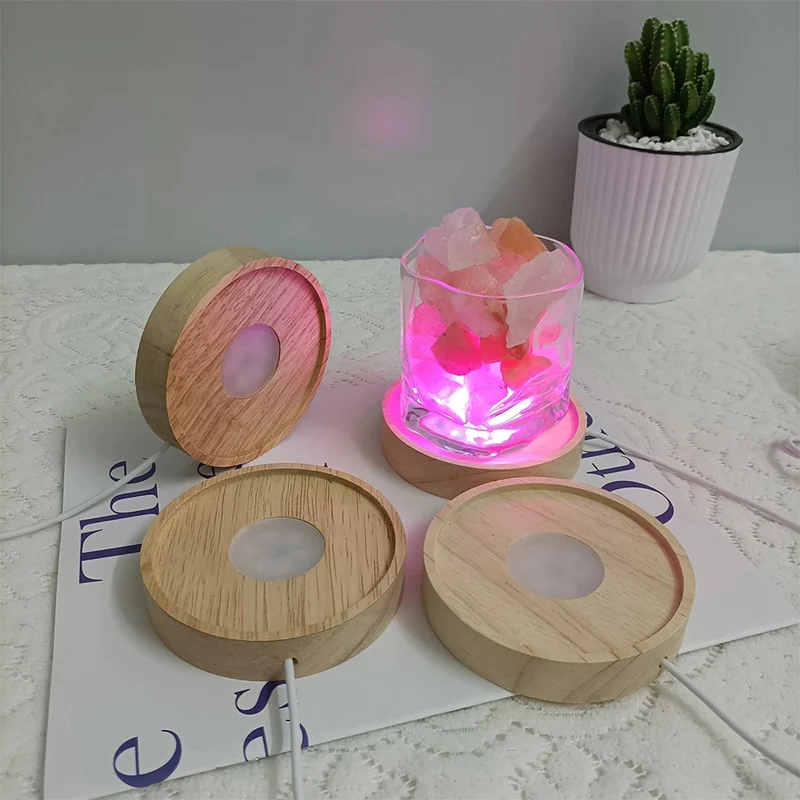 LED Lamp Holder Round Solid Wood Luminous Lamp Holder Built-In Diffusion Board DIY Night Light Base USB Power Supply Interface