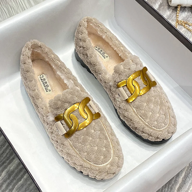 Brand Metal Chain Lambswool Mocasines Femme Fleeces Sneakers Winter Shoes Ladies Warm Wool Loafers Big Size Fur Flats Women