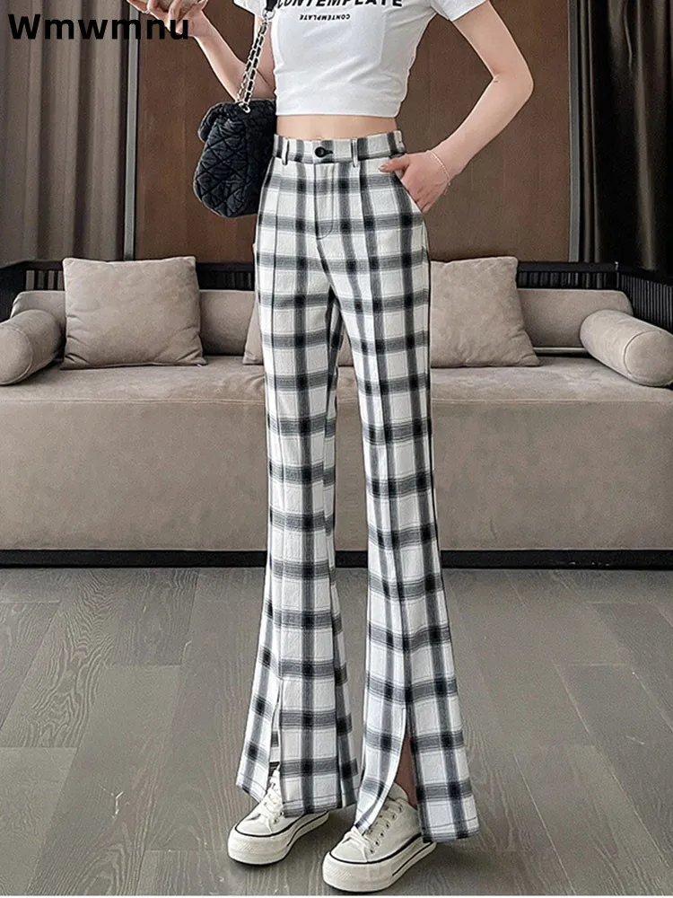 Plaid Women's Casual Bootcut Pants Baggy Slit Straight Button Pantalones High Waist Korean Fashion Wide Leg Loose Trousers