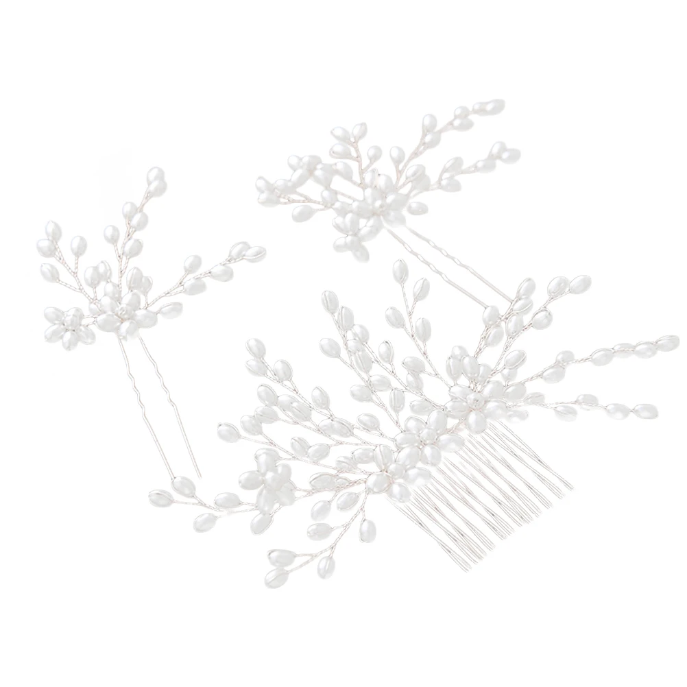 

3pcs Pearl Hairpins Comb Set Silver Vintage Bridal Headdress Wedding Headpiece Bridesmaid Prom Party Hair Accessories