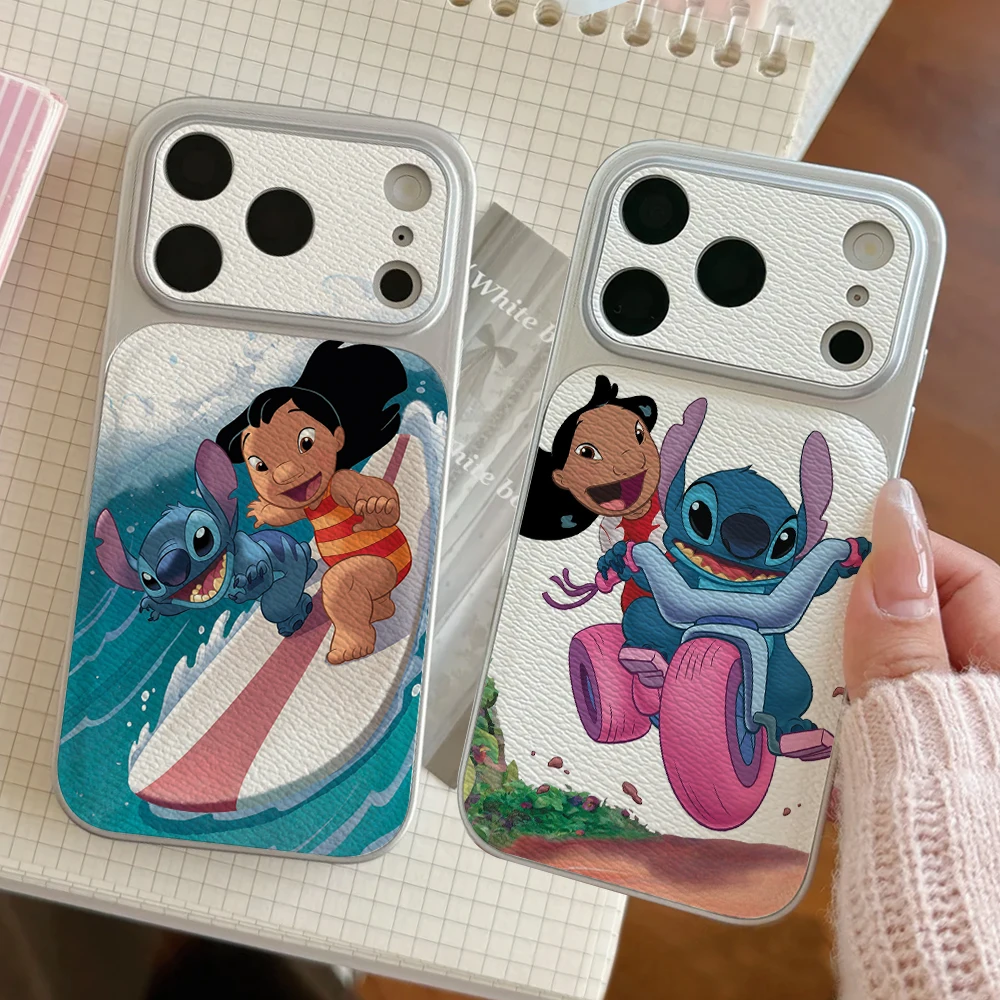 

Lilo Stitch Phone Case For IPhone 17 16 15 14 Electroplated Leather Shockproof Couples 16PRO Phone Accessories 13 12 11 Casing