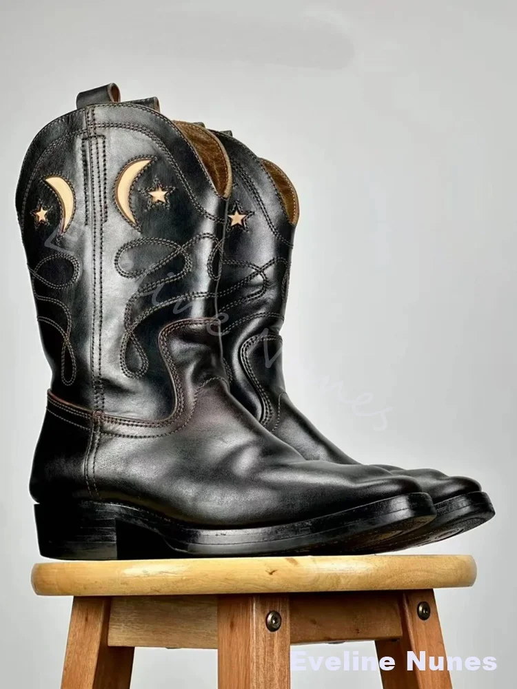 Black Leather Moon Star Cowboy Boots Men Contrast Stitch Pointed Toe Mid Calf Western Boots Retro Riding Fashion Cowgirl Boots