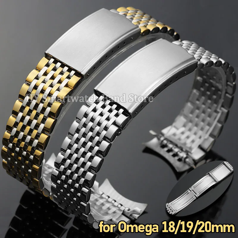 

Металлический ремешок для часов с изогнутым концом 18 мм, 19 мм, 20 мм для Omega, браслет из нержавеющей стали, ультратонкий ремешок на запястье, аксессуары с раскладывающейся застежкой