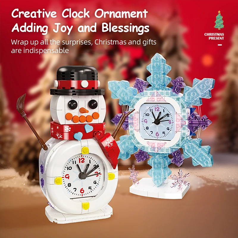 Creative Christmas Decoration Building Blocks Set Snowman Snowflake Alarm Clock Ornament Bricks DIY Kit Toys Boys Kids Xmas Gift