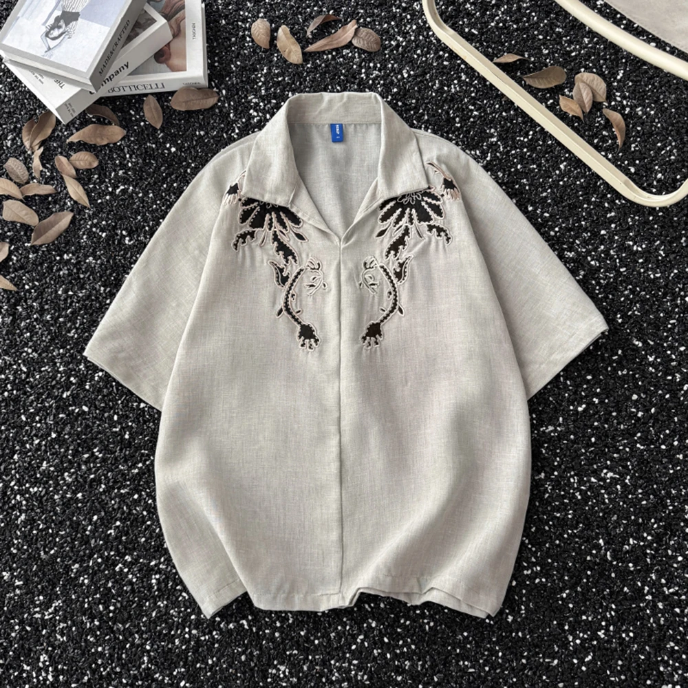 

Breathable Embroidered Pullover Shirt Men's Spring Summer Japanese Style lapel Collar Short Sleeve Casual Fashion Tops