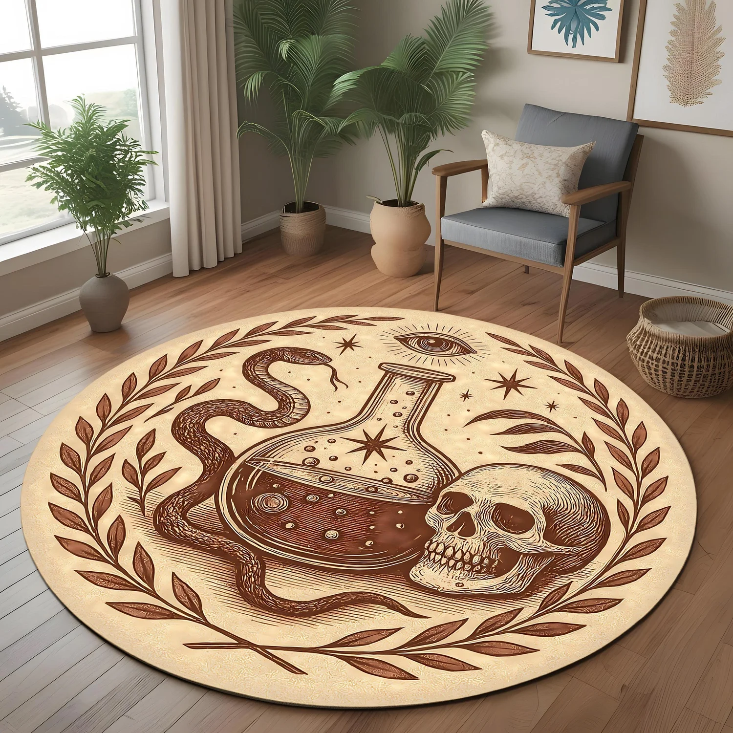 Mysterious Alchemy Round Rug with Snake, Skull, and Potion Designs, Suitable for Gothic Living Room or Witch-Style Decor